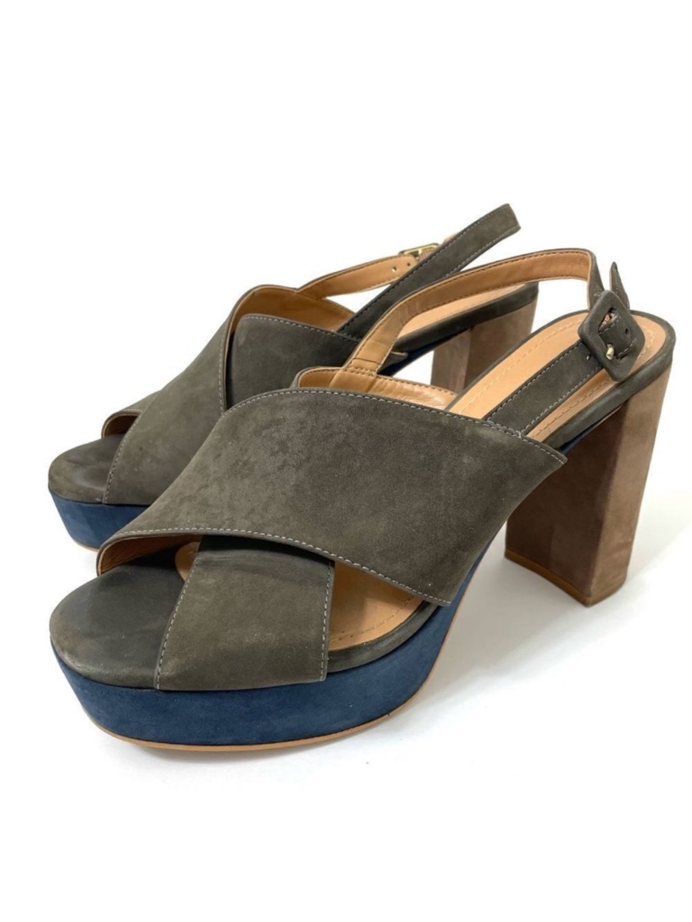 Klub Nico Gray Tan Navy Suede Chunky Heeled Platform Sandals